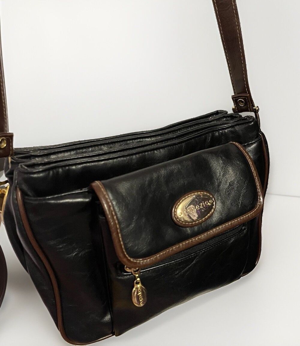 Vintage 80s Capezio Black & Brown Leather Satchel Multi-Compartment Shoulder Bag